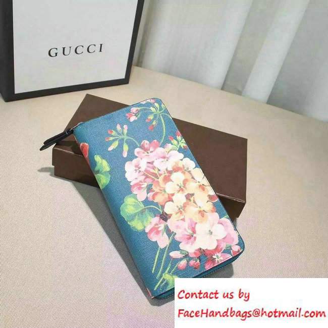 Gucci Blooms Print Leather Zip Around Wallet 410102 Blue 2016