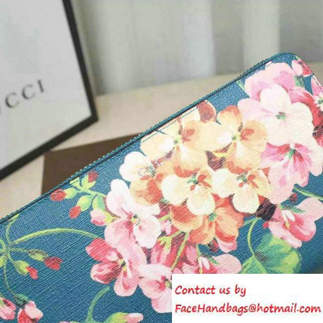 Gucci Blooms Print Leather Zip Around Wallet 410102 Blue 2016 - Click Image to Close