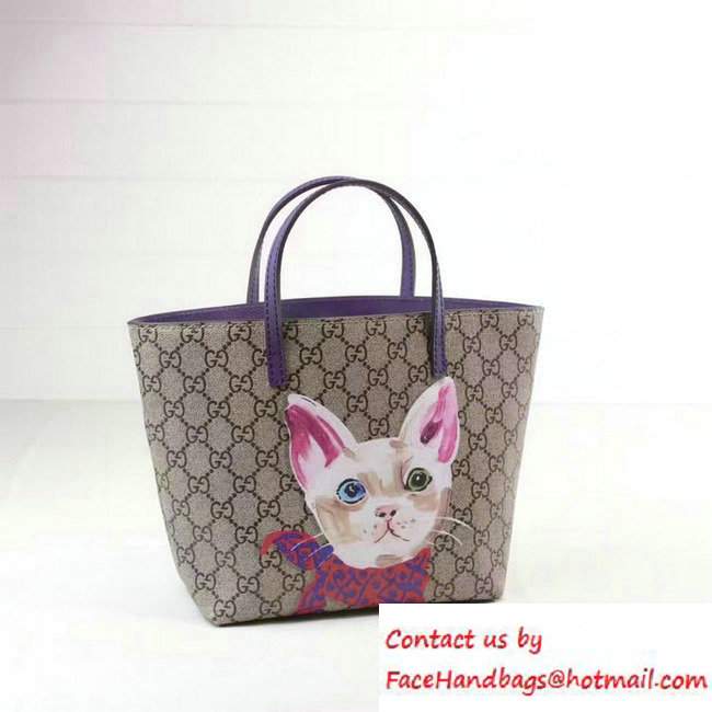 Gucci Children'S GG Supreme Canvas Cat Tote Bag 410812 Purple 2016