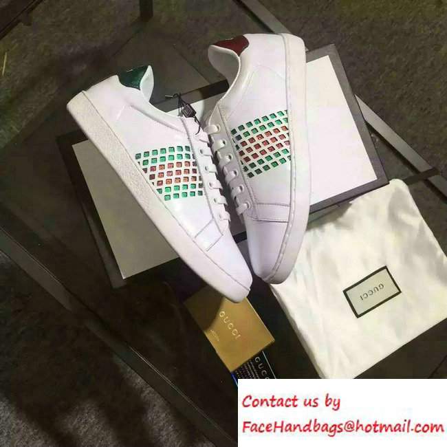 Gucci Cut-Out Leather Sneaker With Web 429359 White 2016 - Click Image to Close