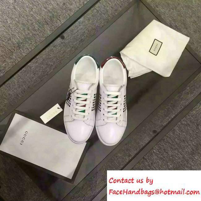 Gucci Cut-Out Leather Sneaker With Web 429359 White 2016 - Click Image to Close