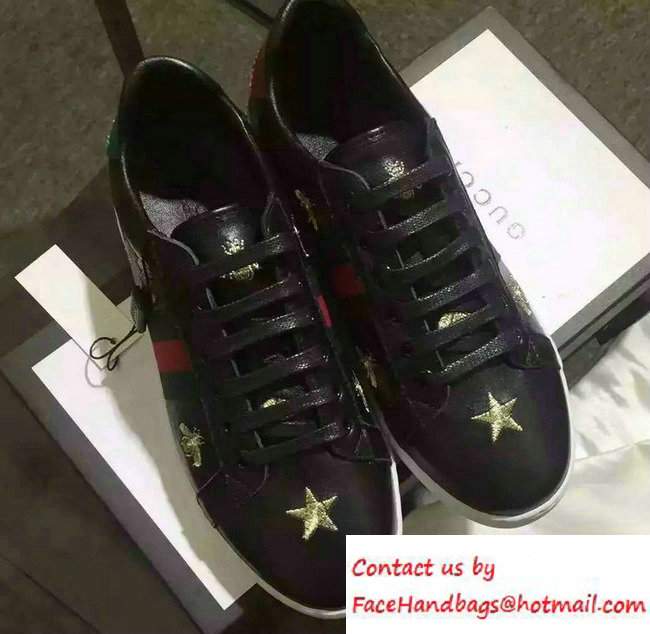 Gucci Embroidered Bees and Stars Leather Low-Top Sneaker With Web 386750 Black 2016 - Click Image to Close