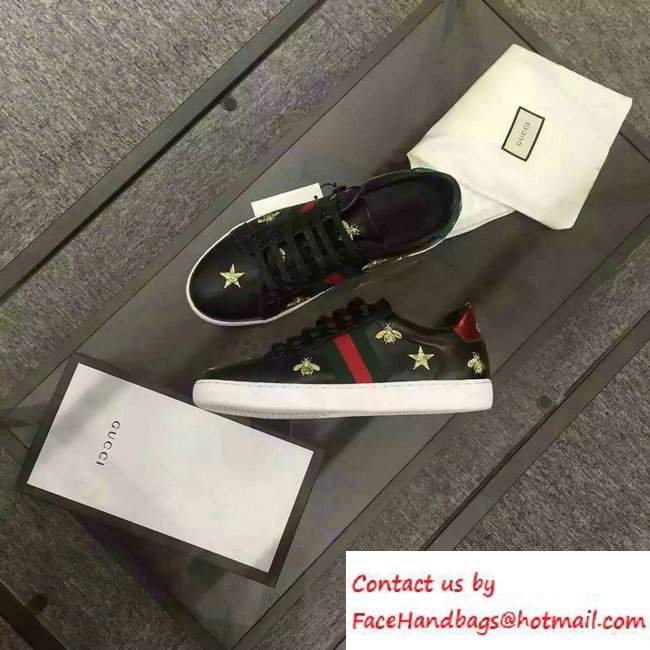 Gucci Embroidered Bees and Stars Leather Low-Top Sneaker With Web 386750 Black 2016 - Click Image to Close