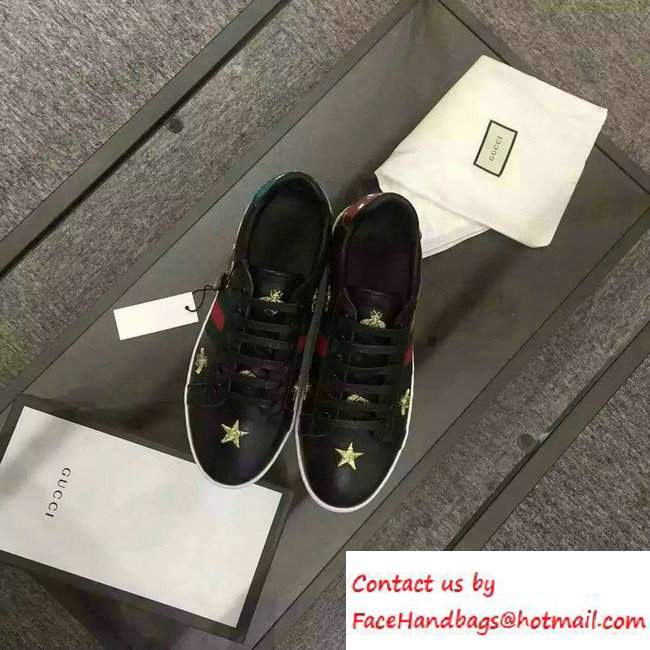 Gucci Embroidered Bees and Stars Leather Low-Top Sneaker With Web 386750 Black 2016