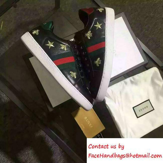 Gucci Embroidered Bees and Stars Leather Low-Top Sneaker With Web 386750 Black 2016