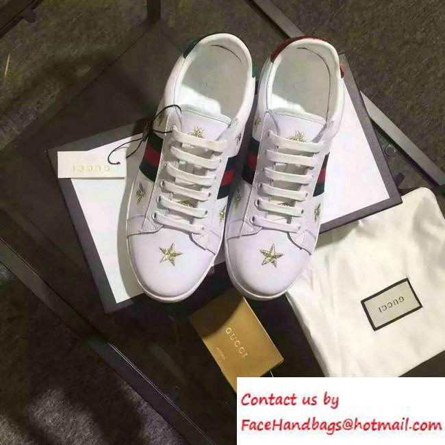 Gucci Embroidered Bees and Stars Leather Low-Top Sneaker With Web 386750 White 2016 - Click Image to Close