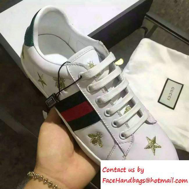 Gucci Embroidered Bees and Stars Leather Low-Top Sneaker With Web 386750 White 2016 - Click Image to Close