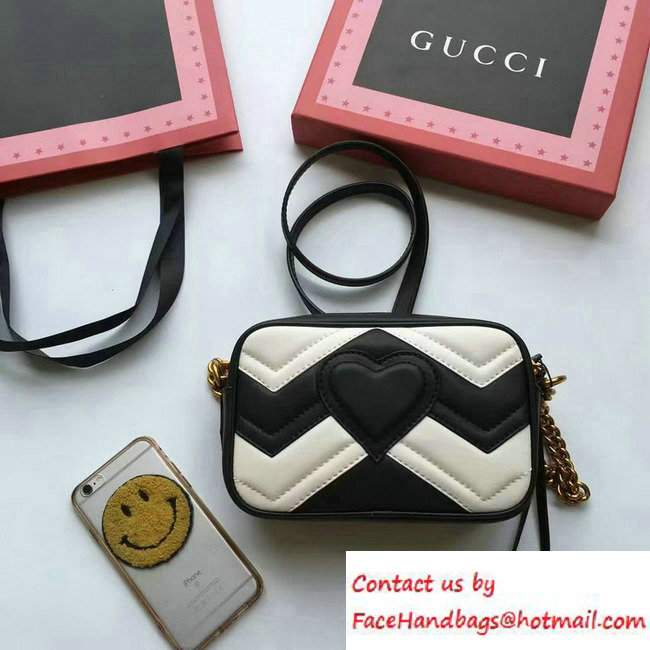 Gucci GG Marmont Matelasse Chevron Mini Chain Shoulder Camera Bag 448065 Black/White 2016 - Click Image to Close