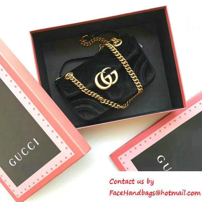 Gucci GG Marmont Matelasse Chevron Velvet Mini Chain Shoulder Bag 446744 Black 2016 - Click Image to Close