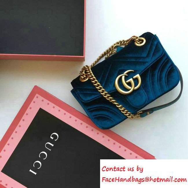 Gucci GG Marmont Matelasse Chevron Velvet Mini Chain Shoulder Bag 446744 Blue 2016 - Click Image to Close