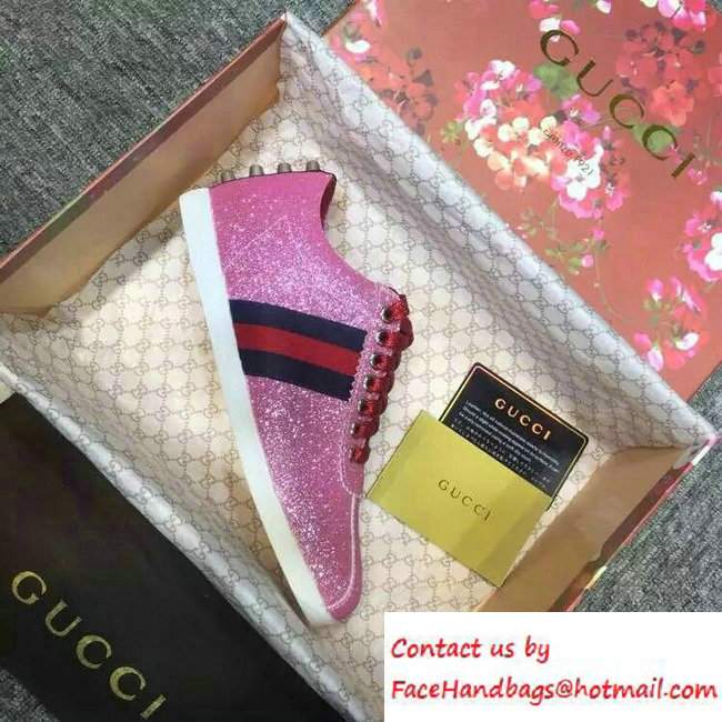 Gucci Glitter Web Low-Top Sneaker 420093 Pink 2016 - Click Image to Close