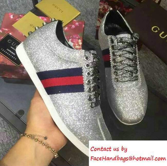 Gucci Glitter Web Low-Top Sneaker 420093 Silver 2016 - Click Image to Close
