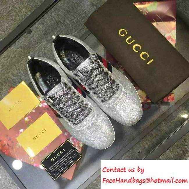 Gucci Glitter Web Low-Top Sneaker 420093 Silver 2016