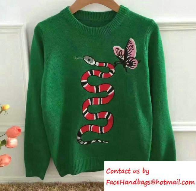Gucci Merino Wool Embroidered Snake Top Sweaters 434349 Green 2016 - Click Image to Close