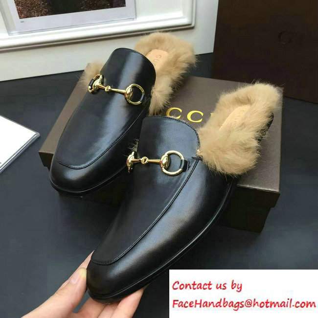 Gucci Princetown Leather Fur Men's Slipper 397749 Black 2016