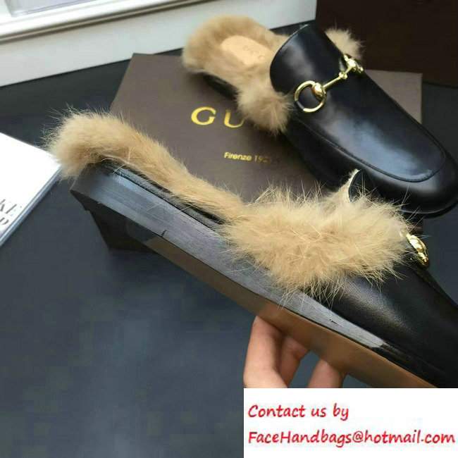 Gucci Princetown Leather Fur Men's Slipper 397749 Black 2016
