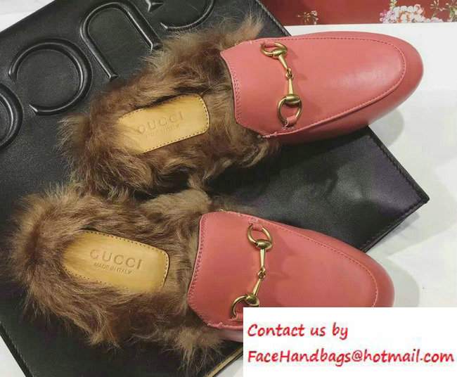 Gucci Princetown Leather Fur Slipper 426361 Dark Pink 2016 - Click Image to Close