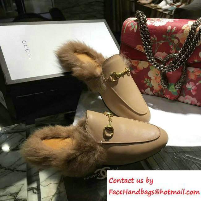 Gucci Princetown Leather Fur Slipper 426361 Nude 2016 - Click Image to Close
