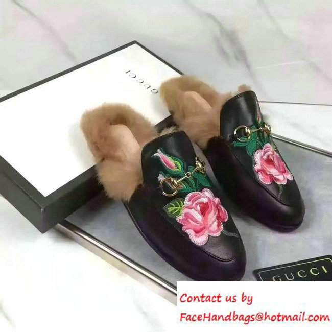 Gucci Princetown Leather Fur Slipper Black Flowers 2016