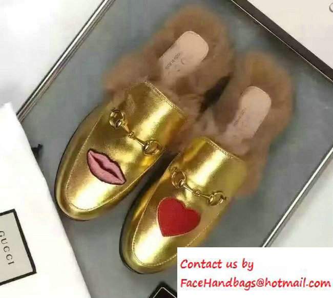 Gucci Princetown Leather Fur Slipper Embroidered Metallic Gold 431472 2016 - Click Image to Close