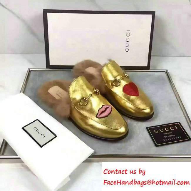 Gucci Princetown Leather Fur Slipper Embroidered Metallic Gold 431472 2016