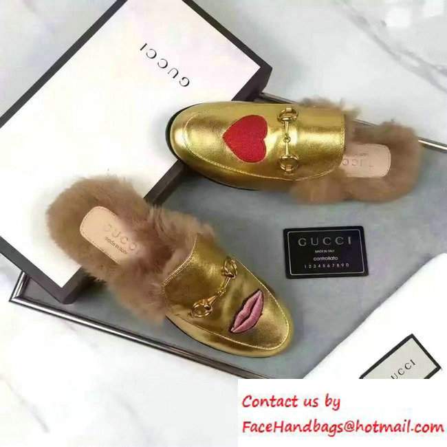 Gucci Princetown Leather Fur Slipper Embroidered Metallic Gold 431472 2016