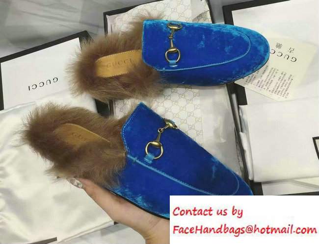 Gucci Princetown Velvet Fur Slipper 448657 Blue 2016 - Click Image to Close