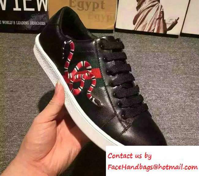 Gucci Snake Leather Low-Top Men's Sneakers Black With Web 2016 - Click Image to Close