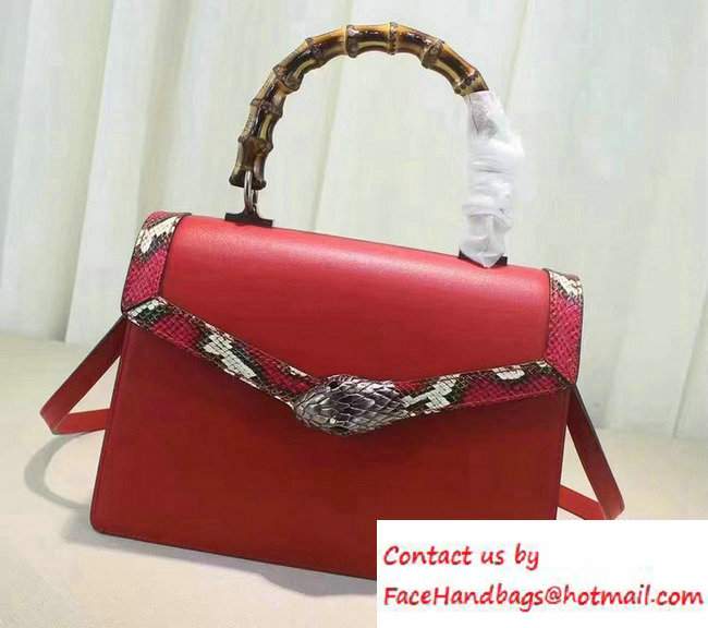 Gucci Snake Pattern Leather Bamboo Top Handle Bag 443682 Red 2016