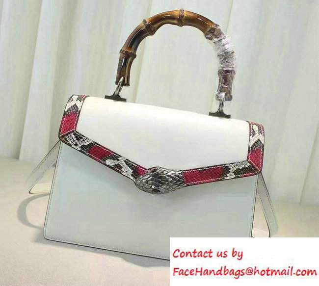 Gucci Snake Pattern Leather Bamboo Top Handle Bag 443682 White 2016