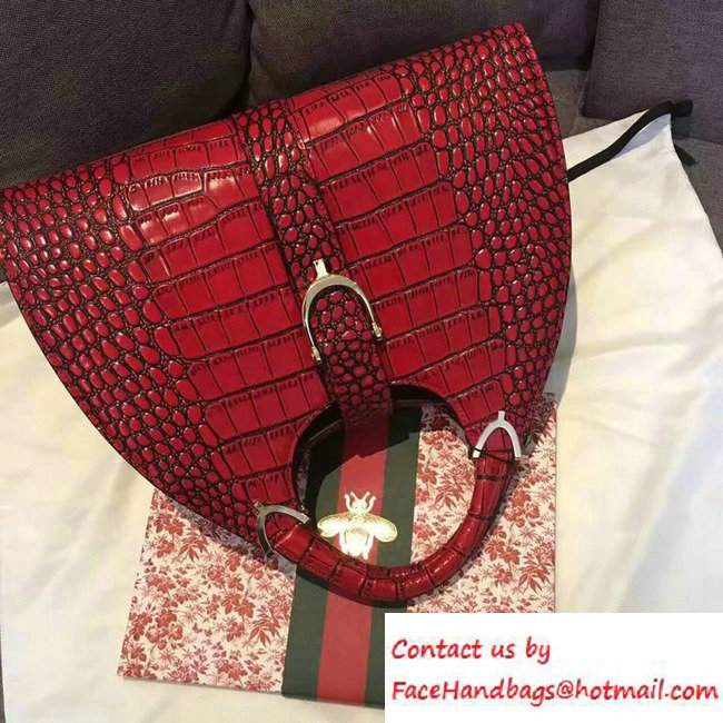 Gucci Stirrup Leather Top Handle Medium Bag 277514 Croco Pattern Date Red