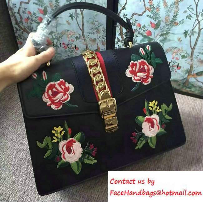 Gucci Sylvie Leather Embroidered Flowers Top Handle Medium Bag 431665 Black Runway 2016 - Click Image to Close