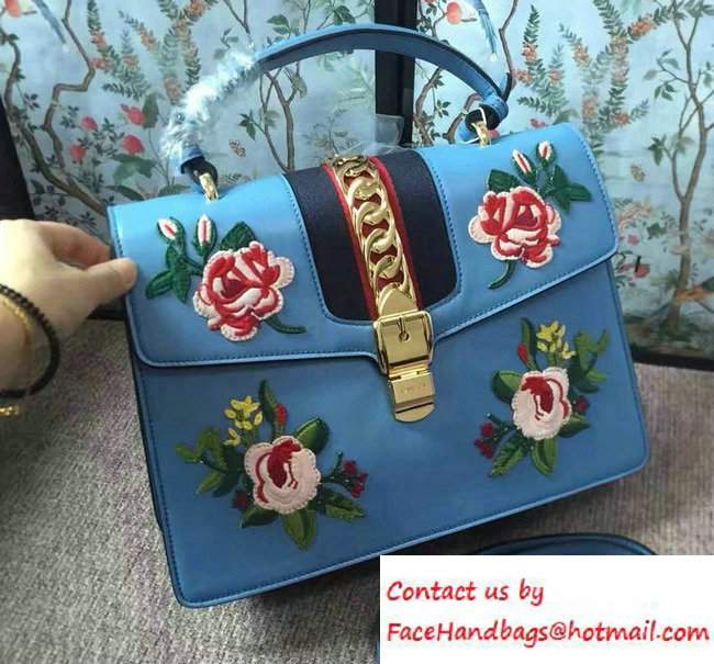 Gucci Sylvie Leather Embroidered Flowers Top Handle Medium Bag 431665 Blue Runway 2016