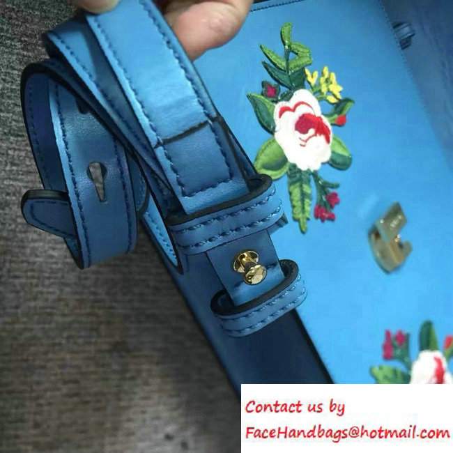 Gucci Sylvie Leather Embroidered Flowers Top Handle Medium Bag 431665 Blue Runway 2016 - Click Image to Close