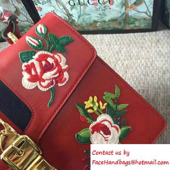 Gucci Sylvie Leather Embroidered Flowers Top Handle Medium Bag 431665 Red Runway 2016 - Click Image to Close