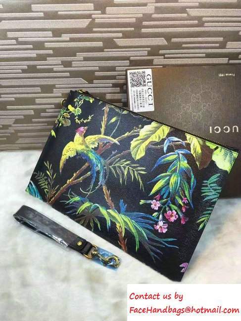 Gucci Tropical Print Leather Zip Pouch Clutch Bag 431270 Black 2016 - Click Image to Close