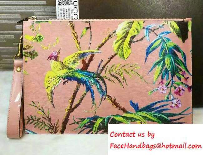 Gucci Tropical Print Leather Zip Pouch Clutch Bag 431270 Pink 2016 - Click Image to Close