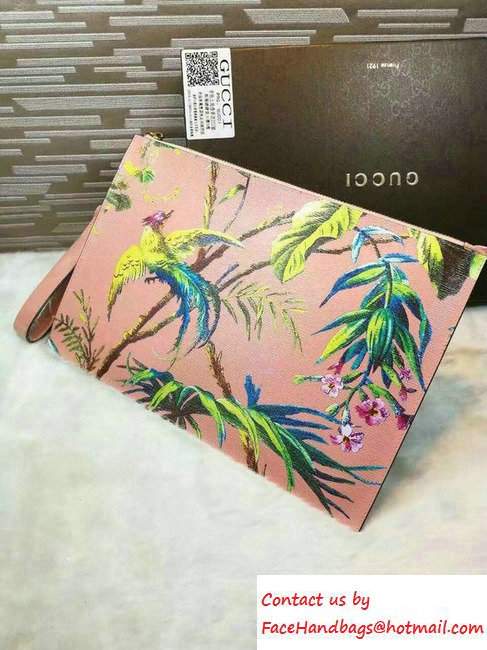 Gucci Tropical Print Leather Zip Pouch Clutch Bag 431270 Pink 2016 - Click Image to Close