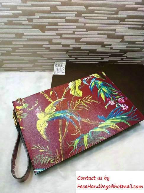 Gucci Tropical Print Leather Zip Pouch Clutch Bag 431270 Red 2016 - Click Image to Close