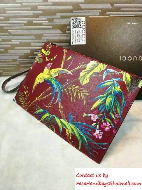 Gucci Tropical Print Leather Zip Pouch Clutch Bag 431270 Red 2016 - Click Image to Close