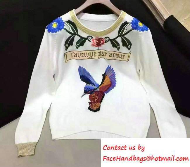 Gucci Wool Embroidered Bird and Flowers Top Sweaters White 2016 - Click Image to Close