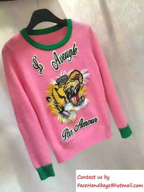 Gucci Wool Embroidered Tiger Top Sweaters Pink 2016