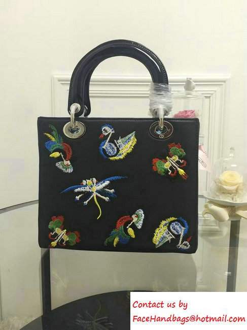 Lady Dior Calfskin Embroidered with Animals Medium Bag Black Fall 2016