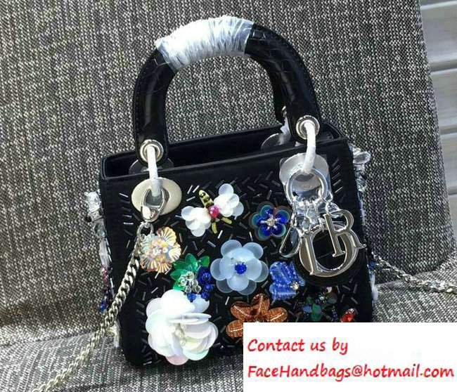 Lady Dior Sequins Embellished with Flowers Mini Bag Black 2016 - Click Image to Close