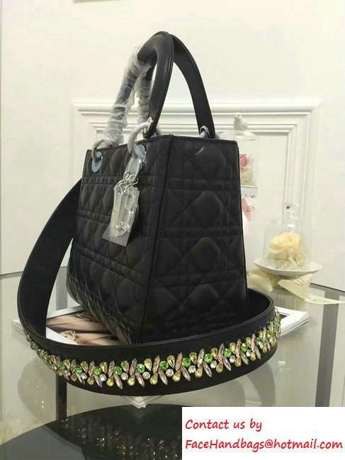 Lady Dior Sheepskin Medium Bag Black/Multicolor with Embroidered Crystal Chain Shoulder Strap 2016