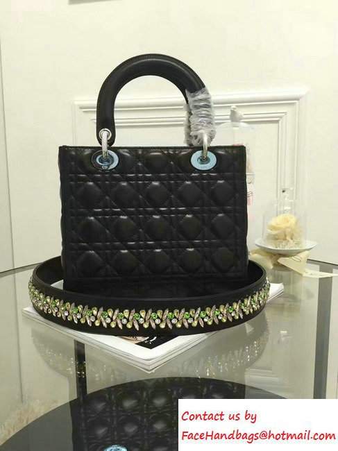 Lady Dior Sheepskin Medium Bag Black/Multicolor with Embroidered Crystal Chain Shoulder Strap 2016