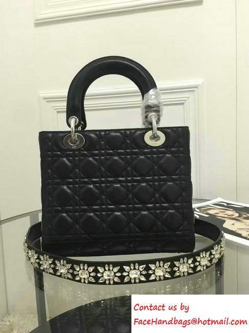 Lady Dior Sheepskin Medium Bag Black/Silver with Embroidered Crystal Chain Shoulder Strap 2016 - Click Image to Close