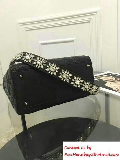 Lady Dior Sheepskin Medium Bag Black/Silver with Embroidered Crystal Chain Shoulder Strap 2016