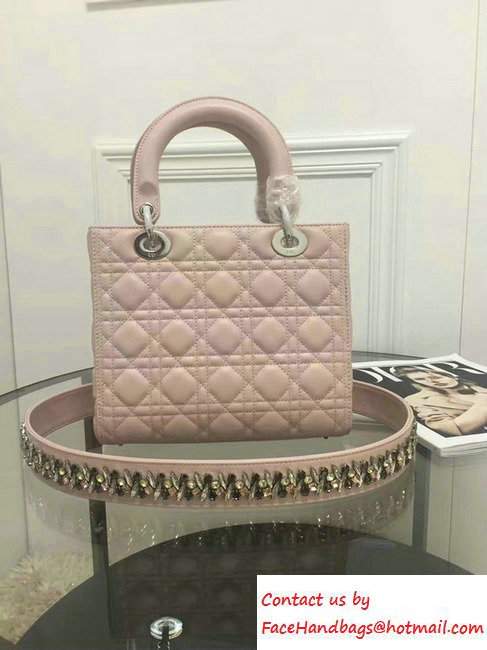 Lady Dior Sheepskin Medium Bag Nude Pink with Embroidered Crystal Chain Shoulder Strap 2016 - Click Image to Close