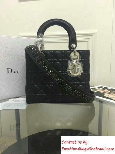 Lady Dior Sheepskin Medium Bag So Black with Embroidered Crystal Chain Shoulder Strap 2016
